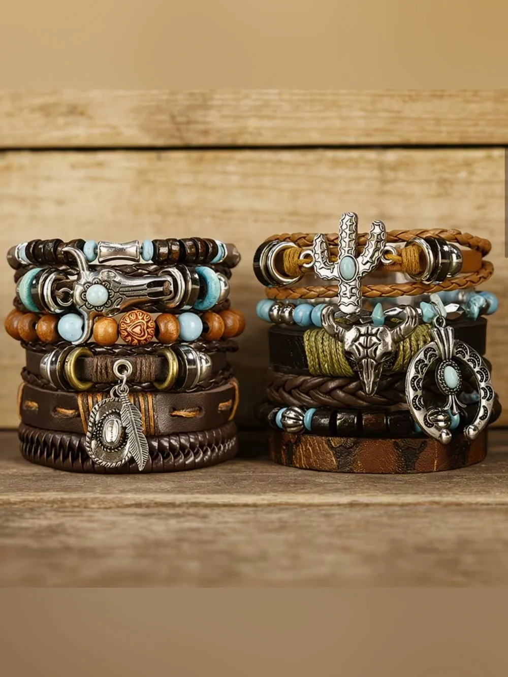 Western Layered Leather & Turquoise Bead Bracelet Stack